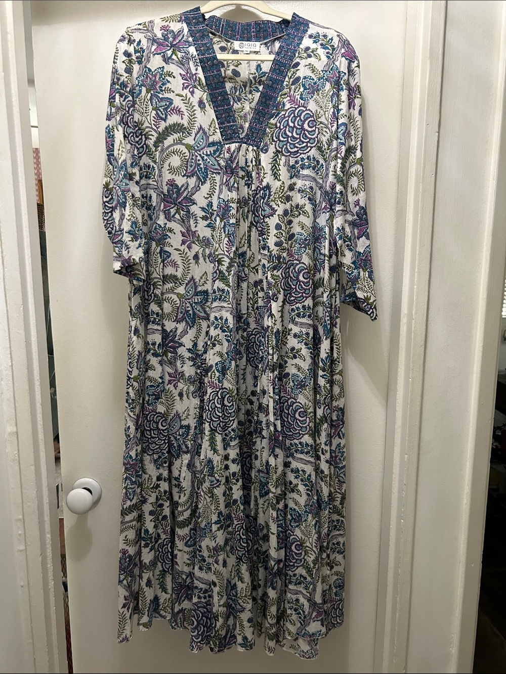 Cotton White Floral V-Neck Midi Dress with Blue & Purple Print